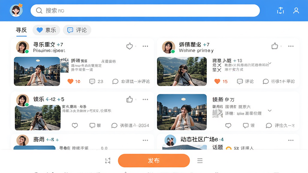 Ѱ�� ��̬�����㳡���棬չʾ�û�������ͼ�Ķ�̬�뻰���ǩ�����������������ײ��з�����ť������Ϊ��Ϣ���б������ֹ������Ű����ʣ�������죬ϸ�ڰ���ͷ�񡢵���ͼ�ꡢ�������ݣ������������ɾ�������Ԫ��