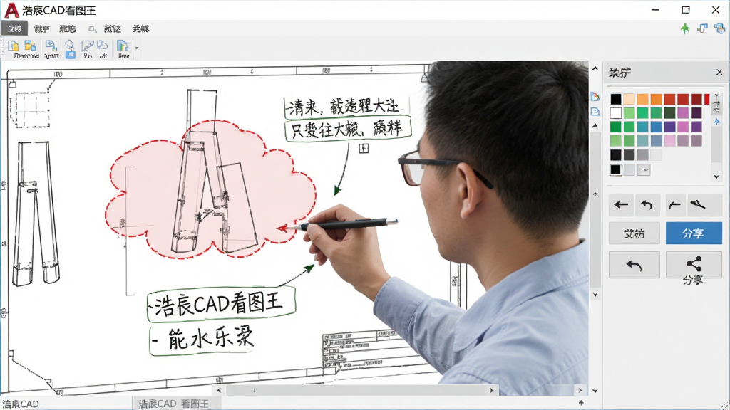 �Ƴ�CAD��ͼ����ע������ʾ���棬������һλ����ʦ������������CADͼֽ�����Ӻ�ɫ������ע������˵���������Ҳ���ʾ��ע�������������С��Ƴ�CAD��ͼ������ʶ�����Ϊ��ʵ����������ͼ��ϸ�ڰ�����ע��ɫѡ����������������ť������ͼ�꣬�����������ɾ����޶���Ԫ��