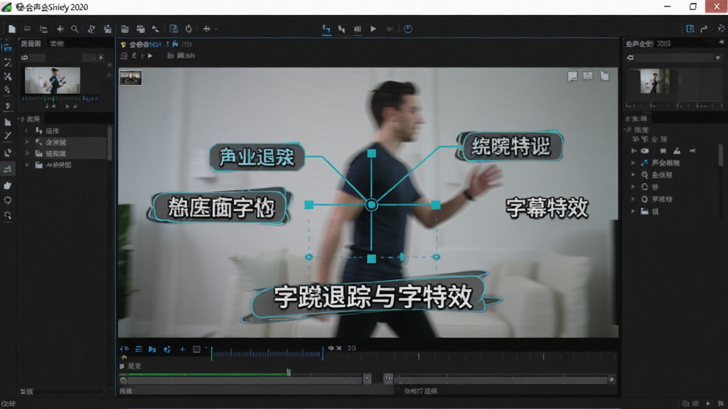 一张展示会声会影2020动态追踪与字幕特效的图片,主体为视频画面中一个人物在移动,旁边有文字标签跟随移动,布局采用中心构图突出追踪效果,排版展示软件界面中的追踪路径线,风格为科技感与创意结合,细节包括字幕动画效果和追踪控制点,画质清晰,干净,无多余元素