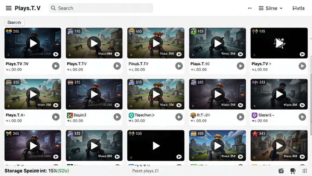 һ��չʾ Plays.TV ��Ƶ����������ͼƬ������Ϊ����״��Ƶ����ͼ���У�����Ϊ��������ɸѡѡ��ײ�Ϊ�洢�ռ���ʾ�������������򣬷��Ϊ�ִ��������棬ϸ�ڰ�����Ƶʱ����ǩ����Ϸͼ���벥�Ű�ť�����ʸ��壬�ɾ����޶���Ԫ��