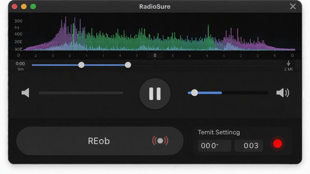 RadioSure ��Ƶ������¼��������д������Ϊ�������ſ�����壬�����Ϸ�ΪƵ�׿��ӻ������м�Ϊ������ͣ��ť�����������·�Ϊ¼����ť�붨ʱ������ڣ��Ű����ֱ�ۣ����Ϊ��ɫ�Ƽ��� UI��ϸ�ڰ���ʱ���ᡢ������ʾ��¼�ƺ��ָʾ�ƣ����ʸ��壬�ɾ����޶���Ԫ��