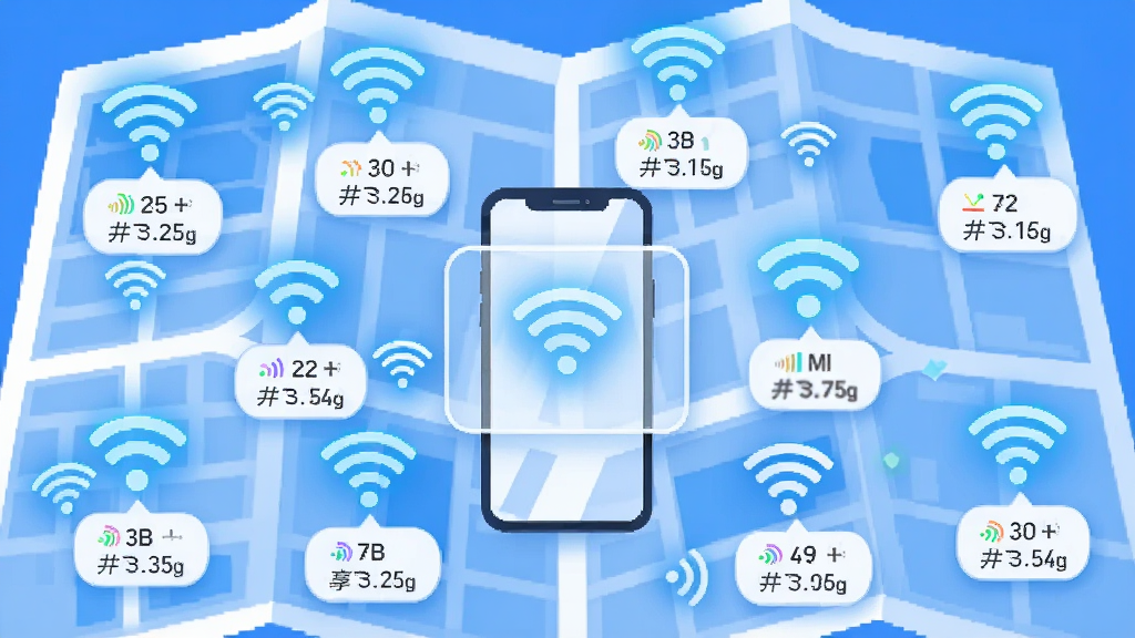 һ���Գ��е�ͼΪ�����Ĳ廭����ͼ�Ϸֲ������෢���WiFi�ź�ͼ�꣬ÿ��ͼ���·�������һ��С������ʾ�ź�ǿ�Ⱥ͹���״̬������������һ���ֻ�����ɨ����Щ�ȵ㣬�����������������������ɫ����ƽ����Ʒ�񣬻���ɾ����࣬���廭�ʣ�ͼ�����ֱ�ע WiFiԿ����