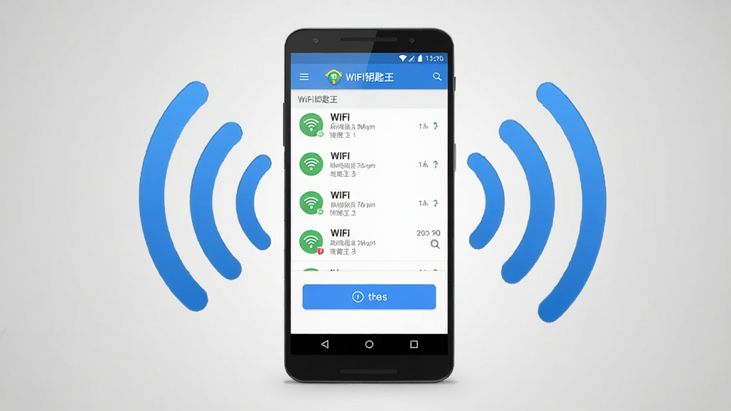 �����������һ����׿�ֻ����ֻ���Ļ��ʾWiFiԿ�������������棬�������и���WiFi�б������۵����Ӱ�ť���ֻ����ܻ����Ŵ��������źŵ���ɫ����ͼ�꣬�����Ǽ���ǳ��ɫ���䣬���ñ�ƽ���Ƽ���������ɾ����䣬ϸ�����������廭�ʸ��壬����ɾ��޶���Ԫ�أ�ͼ�����ֱ�ע WiFiԿ����