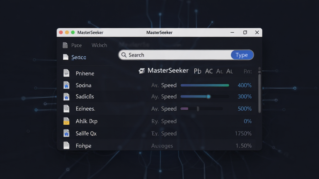 一张展示 MasterSeeker 软件界面的概念图,主体是一个简洁的搜索窗口悬浮在深色背景上,窗口内显示着极速滚动的文件列表和搜索关键词,布局居中,排版清晰,风格为现代科技感,细节包括搜索框、文件类型图标和速度指示条,画质高清,干净,无多余元素。