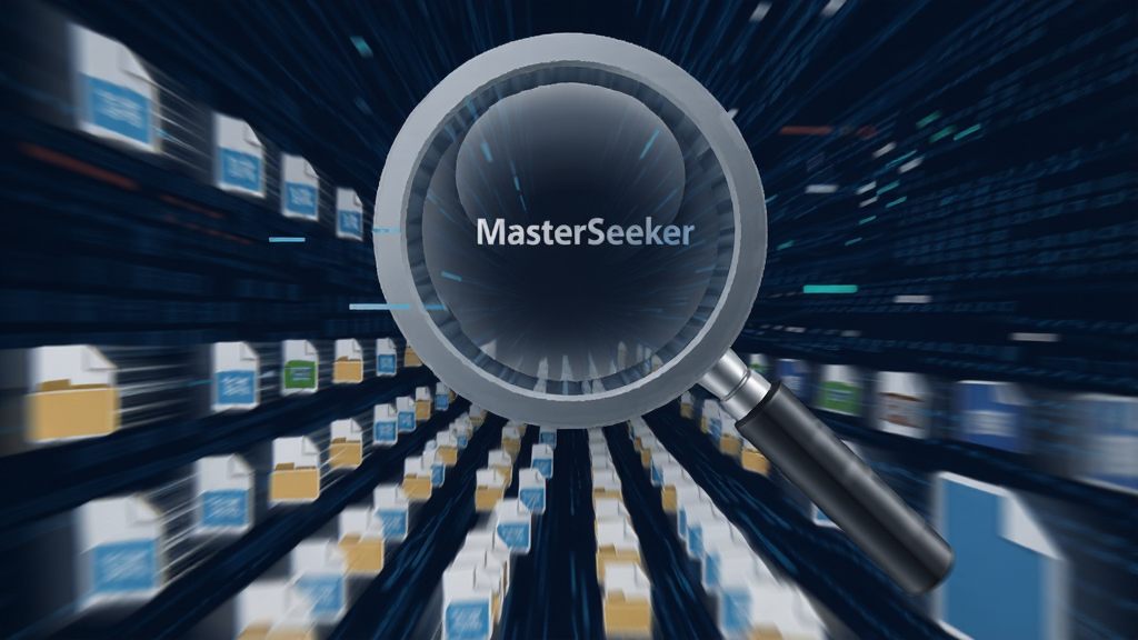 一张展示 MasterSeeker 极速搜索概念图,画面中央是一个巨大的放大镜,放大镜下方是无数快速掠过的文件名,背景是深蓝色的数据流,主体突出,布局为居中构图,风格为抽象科技风,细节包括清晰的文件图标和模糊的速度线,画质清晰,干净,无多余元素。