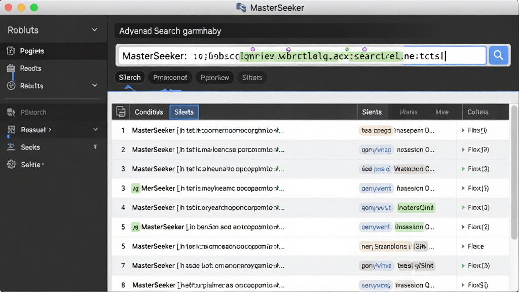 一张展示 MasterSeeker 高级搜索语法的界面示意图,主体是软件界面中的搜索框,里面输入了复杂的搜索指令,下方列表实时显示过滤后的结果,布局为侧边栏加主内容区,风格为专业软件界面,细节包括语法高亮和筛选条件标签,画质高清,干净,无多余元素。