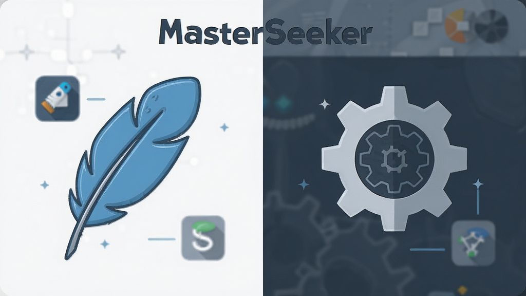 一张展示 MasterSeeker 轻量特性的概念图,主体是一个羽毛和一个齿轮的组合,羽毛代表轻量,齿轮代表软件工具,布局为左右对比,风格为扁平化设计,细节包括软件图标和简洁的线条,画质高清,干净,无多余元素。