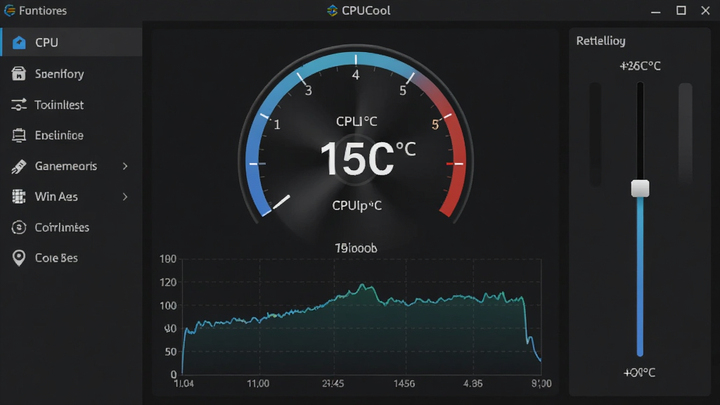 CPUCool �����������ͼ��������ʾ CPU �¶��Ǳ�����ʵʱ����ͼ�����Ϊ���ܲ˵����Ҳ�Ϊ����ת�ٵ��ڻ��飬���岼�ּ�࣬���Ϊ�ִ���ɫ�Ƽ��磬ϸ�ڰ����¶���ֵ�����϶ȷ��ţ������������ɾ����޶���Ԫ��