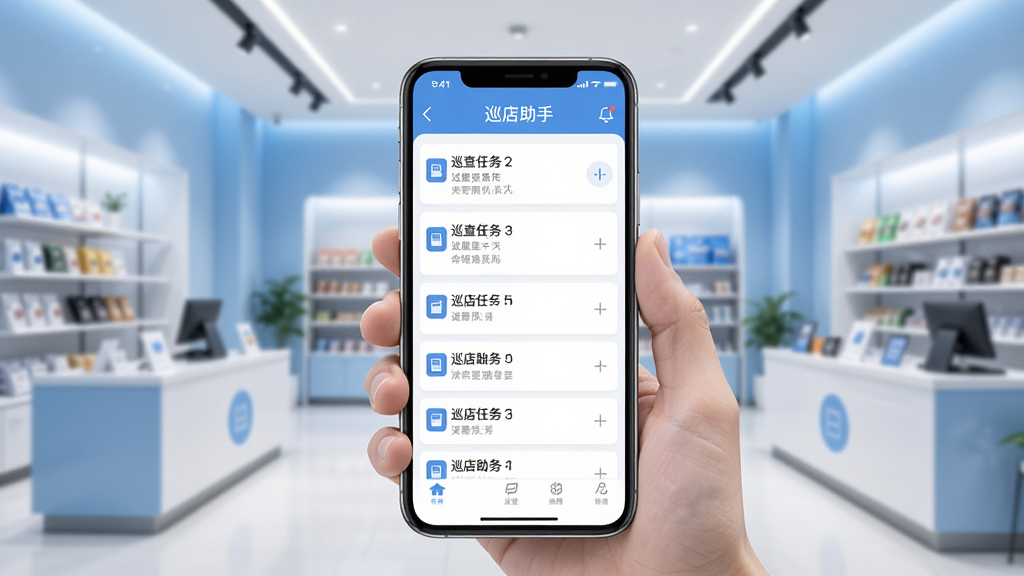 手机屏幕展示巡店助手应用主界面,画面中央是整齐的巡查任务列表,背景为现代连锁门店场景,明亮整洁的办公风格,柔和蓝色调,界面清晰,排版简洁,风格现代商务,细节丰富,画质高清,干净无多余元素