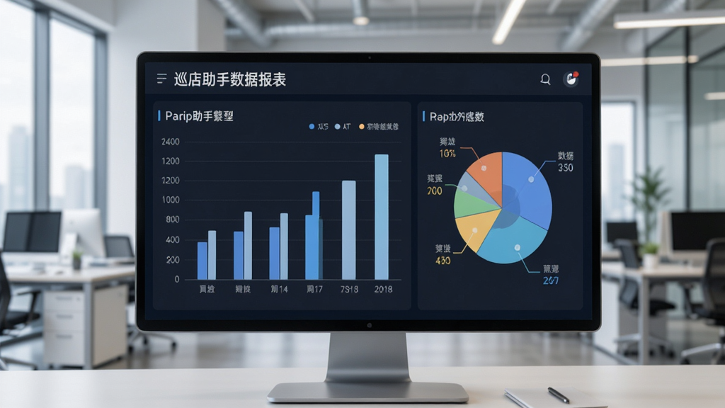 巡店助手数据报表界面,画面中展示柱状图和饼状图,数据清晰可见,背景为现代办公室环境,风格专业商务,细节精致,画质高清,干净无多余元素