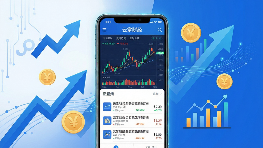 主体为一部智能手机,屏幕上显示云掌财经应用界面,包含股票K线图、财经新闻列表和实时行情数据;布局为手机居中展示,周围环绕抽象的财经图标如上升箭头、金币、图表;排版整洁清晰,界面元素层次分明;风格为现代科技感扁平化设计,配色以蓝色和白色为主;细节包括手机边缘的微光效果、界面内数据流动的动感线条;画质高清,干净,无多余元素。
