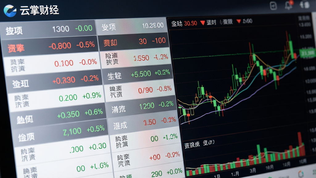 主体为云掌财经的行情界面特写,展示多支股票实时涨跌数据与K线图;布局为数据面板与图表并列,信息密度高但排列有序;排版采用网格化设计,色彩以红绿涨跌色区分;风格为专业金融数据终端风格;细节包括动态刷新的数字、平滑的K线曲线、清晰的数据标注;画质高清,干净,无多余元素。