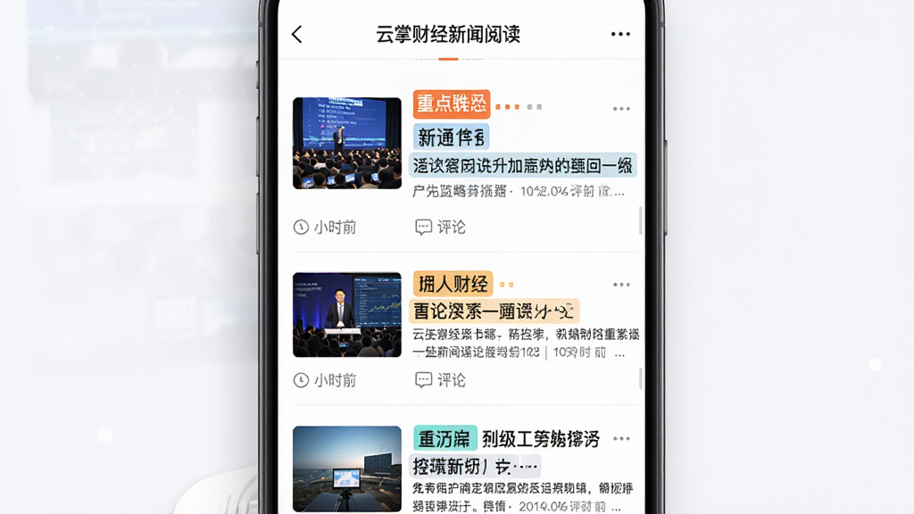 主体为云掌财经新闻阅读界面,展示多篇财经文章标题与摘要;布局为竖向列表形式,每篇文章配有小图与分类标签;排版清晰,重点新闻用高亮色标注;风格为简洁资讯阅读风格,配色清爽;细节包括新闻缩略图、时间戳、评论图标;画质高清,干净,无多余元素。