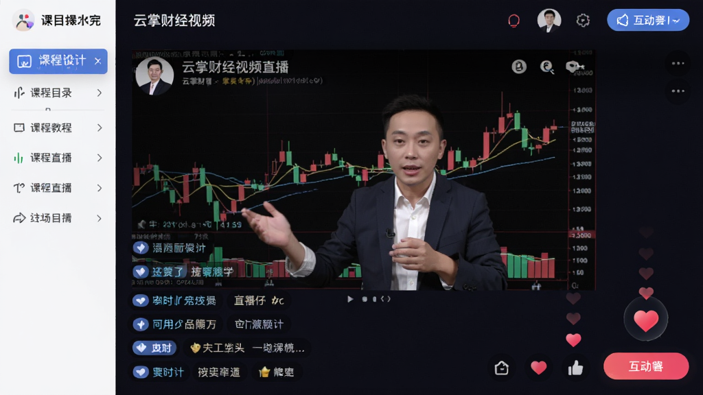主体为云掌财经视频直播界面,展示讲师正在讲解K线图,屏幕下方有弹幕互动区;布局为视频窗口居中,周围环绕课程目录与互动按钮;排版采用沉浸式视频播放器设计;风格为专业在线教育平台风格;细节包括讲师头像、实时弹幕、点赞动画;画质高清,干净,无多余元素。