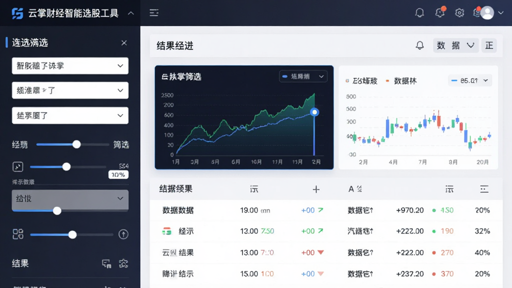 主体为云掌财经智能选股工具界面,展示多维度筛选条件与结果列表;布局为左侧筛选面板、右侧结果展示;排版采用模块化设计,数据可视化图表丰富;风格为智能金融科技风格;细节包括下拉菜单、滑块调节、数据表格排序图标;画质高清,干净,无多余元素。