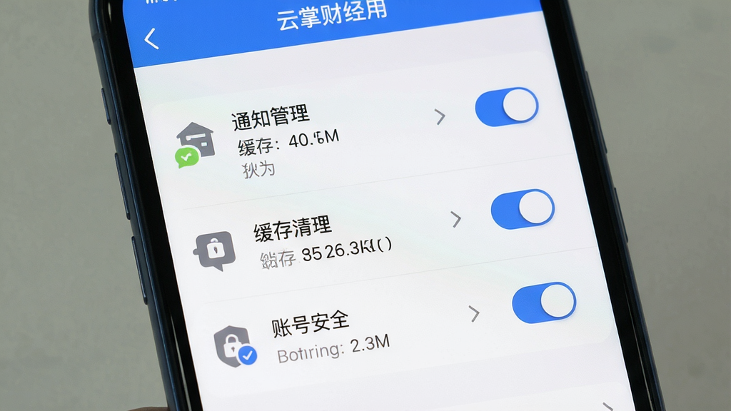 主体为手机屏幕显示云掌财经应用设置界面,包含通知管理、缓存清理、账号安全等选项;布局为竖向设置列表,每项配有图标和开关按钮;排版简洁明了;风格为移动端设置页面风格;细节包括开关的蓝色高亮、缓存大小显示、箭头指示;画质高清,干净,无多余元素。