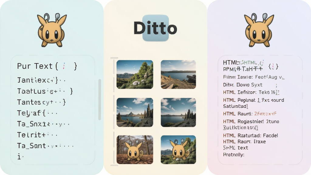 一张展示 Ditto 多格式支持的示意图,画面分为三个区域,左侧展示纯文本条目,中间展示图片缩略图条目,右侧展示 HTML 富文本条目,每个区域都有对应的图标标识,整体采用柔和的浅色背景,画面中央有