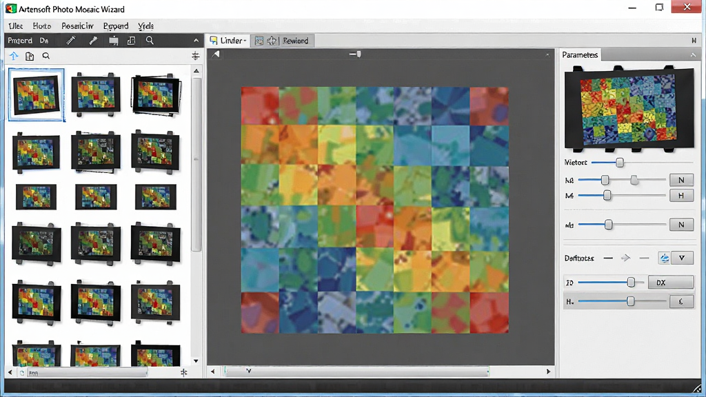 һ��չʾArtensoft Photo Mosaic Wizard���������ȫ��ͼ�������������������ڣ�����Ϊ����زĿ⡢�м�������Ԥ�������Ҳ����������壬�Ű��������࣬���Ϊ�ִ��Ƽ���UI��ƣ�ϸ�ڰ�������ͼ���񡢻���ؼ���Ԥ��Ч�������ʸ��壬�ɾ����޶���Ԫ��