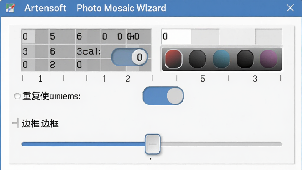Artensoft Photo Mosaic Wizard�������������д������������������������ظ�ʹ�ÿ��غͱ߿���ڻ��飬����Ϊ��ֱ���еĿ�����Ű����룬���Ϊ��ƽ��UI��ƣ�ϸ�ڰ������̶ֿȡ����ذ�ť����ɫѡ���������ʸ��壬�ɾ����޶���Ԫ��