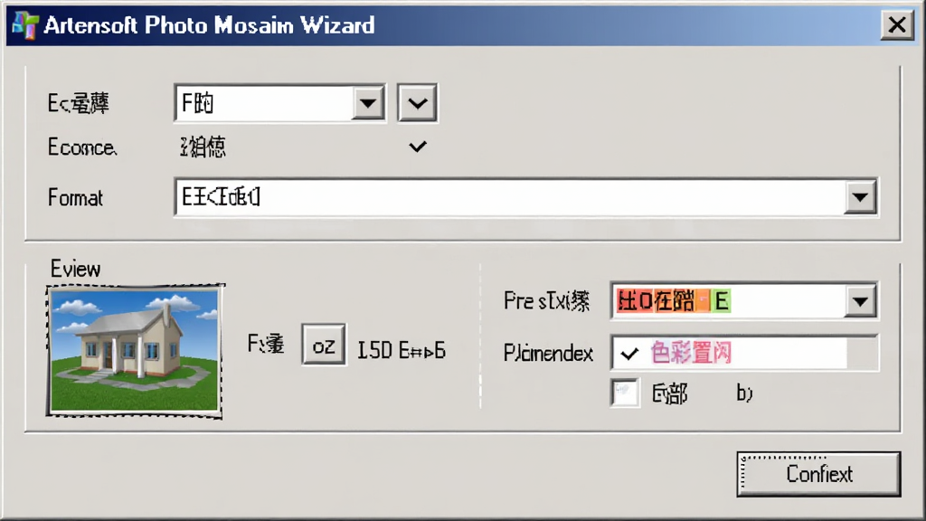Artensoft Photo Mosaic Wizard�������ô��ڣ������Ƿֱ���ѡ�񡢸�ʽ�����˵���ɫ������ѡ�����Ϊ�Ի�����ʽ���Ű����������Ϊ����WindowsӦ�ý��棬ϸ�ڰ����ļ���СԤ����Ԥ������ͼ��ȷ�ϰ�ť�����ʸ��壬�ɾ����޶���Ԫ��