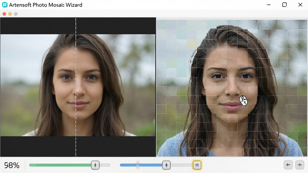 Artensoft Photo Mosaic WizardʵʱԤ�����棬�����Ƿ����Ա���ʾԭʼͼ����������Ч��������Ϊ�����������Ű��࣬���Ϊ�ִ��������棬ϸ�ڰ�����Ⱦ���Ȱٷֱȡ����ſ��ƺ������ͣ���������ʸ��壬�ɾ����޶���Ԫ��