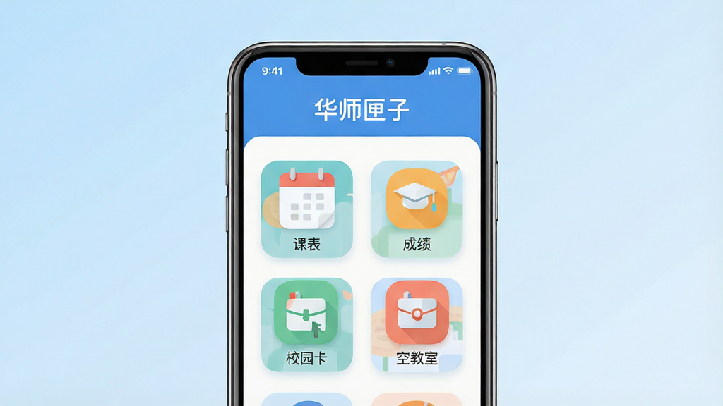 ������һ̨�����ֻ�����Ļ����ʾ��У԰������APP����ҳ���棬�����С���ʦϻ�ӡ��ĸ��ֵı��������·������ſα����ɼ���У԰�����ս��ҵ�ͼ�갴ť������Ϊ����չʾ�ֻ����棬�����Ǹɾ���ǳ��ɫ���䣬���Ϊ��ƽ��UI��ƣ�ϸ�ڰ���Բ��ͼ�ꡢ��ˬ����ɫ��״̬����ʾʱ������������ʸ��壬����ɾ����޶���Ԫ��