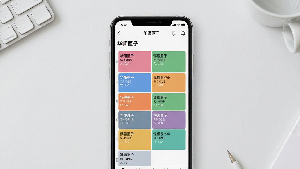 ������һ���ֻ�չʾ�α����棬��Ļ����ʾ����ʦϻ�ӡ�Ӧ�õ��ܿα���ͼ����ͬ�γ��ò�ͬ��ɫɫ�����֣�����Ϊ�ֻ����з��ã�����Ϊ����ɫ���棬���Ϊ�ִ���Լ��ƽ����ϸ�ڰ����γ����ơ����ұ�š�ʱ��ε��������֣����ʸ��壬�ɾ�������Ԫ��