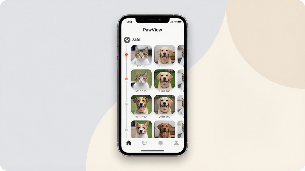 һ��չʾ PawView ���������Ч��ͼ������������һ�������ֻ�����Ļ����ʾ PawView Ӧ�������棬���涥���С�PawView�����ֱ�ʶ���в�Ϊ��ʱ�������еĳ�����Ƭ���񣬰���è��͹���������ͼ���ײ��е�����ͼ�꣬����Ϊǳ�����װ��������ɫ�������岼�ּ�����������Ϊ�ִ���ƽ�� UI ��ƣ�ϸ�ڰ���Բ��ͼ�ꡢ״̬������΢��Ӱ�����ʸ��壬����ɾ����޶���Ԫ��