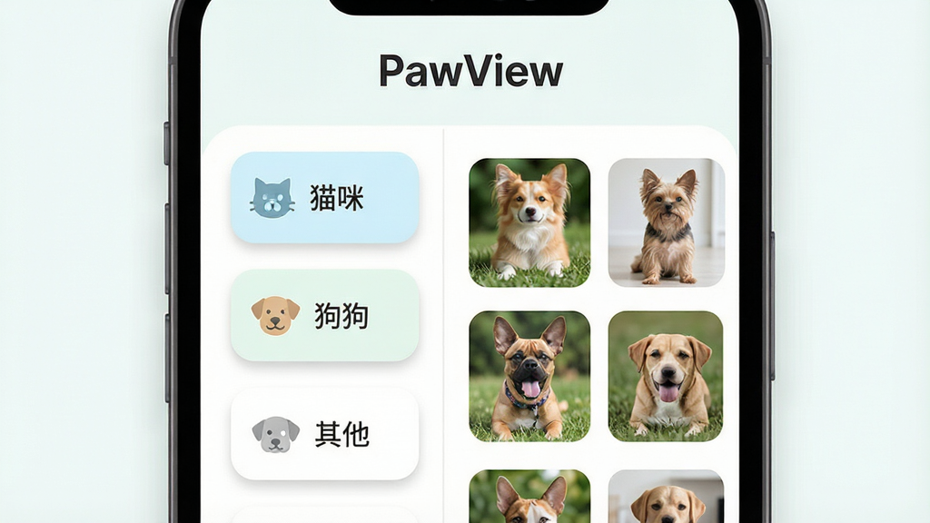 һ��չʾ PawView ���ܹ��๦�ܵ�ʾ��ͼ����������Ϊ�ֻ���Ļ����Ļ����ʾ PawView Ӧ�ý��棬���������Ϊ��è�䡱���������������������ǩ���Ҳ�Ϊ��Ӧ�ĳ�����Ƭ����ͼ�����涥���С�PawView�����������岼��Ϊ���ҷ��������Ϊ����ǳɫ��ƽ����ƣ�ϸ�ڰ���Բ�ǿ�Ƭ�����ͶӰ������ͼ�꣬���ʸ��壬����ɾ����޶���Ԫ��
