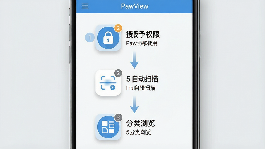 һ��չʾ PawView ���ֲ��������ʾ��ͼ����������Ϊ�ֻ���Ļ����Ļ����ʾ PawView Ӧ�ý��棬����������������������ͼ�꣺��һ��������Ȩ�ޡ����ڶ������Զ�ɨ�衱���������������������ÿ�������·��м������˵��������Ϊǳ��ɫ�����岼��Ϊ��������ʽ�����Ϊ�������ı�ƽ����ƣ�ϸ�ڰ���������š���ͷ�����������Ӱ�����ʸ��壬����ɾ����޶���Ԫ��