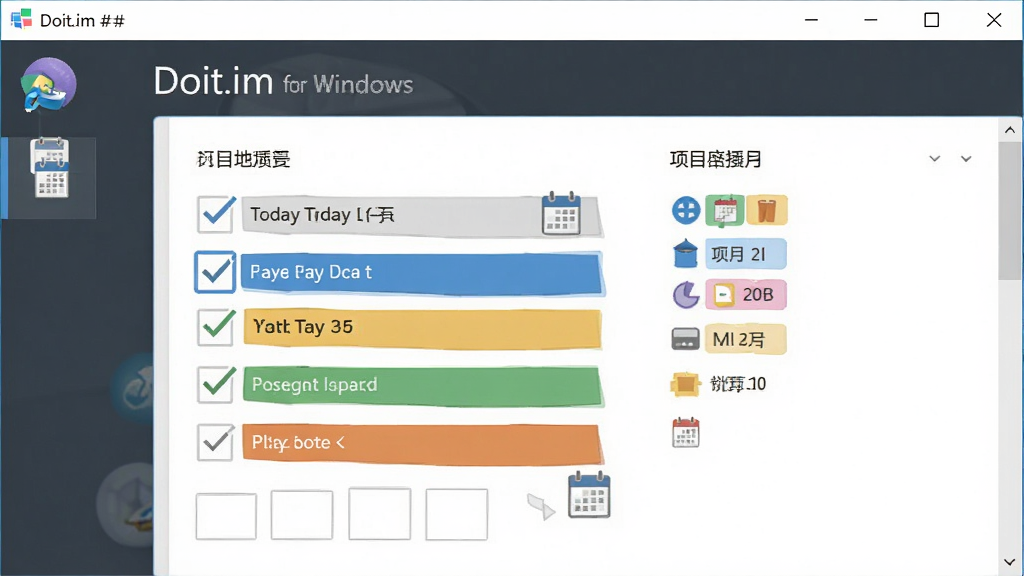 һ�Ÿɾ������������ͼ���廭������ΪDoit.im for Windows������Ӧ�ô��ڣ�������չʾ���մ����嵥����Ŀ���࣬����Ϊ���д󴰿ڣ��Ű����룬���Ϊ�ִ���ƽ����ƣ�ϸ�ڰ�����ѡ������ͼ�ꡢ��ǩɫ�飬�����������ɾ����޶���Ԫ��