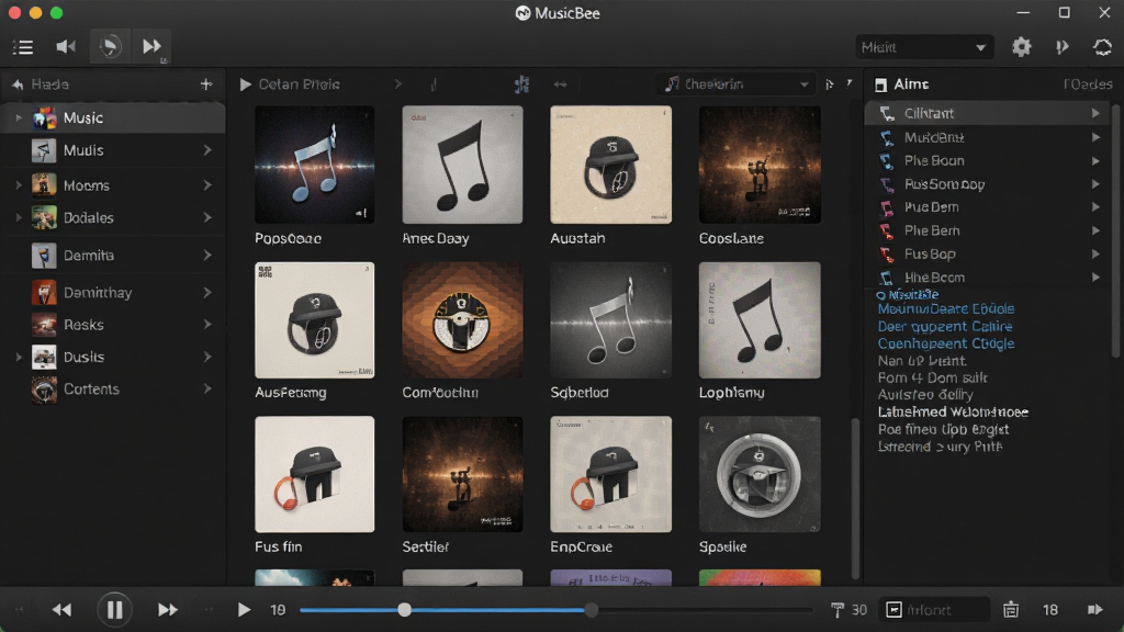 һ��չʾ MusicBee ���ֲ������������ͼƬ��������������ɫ������������ڣ����Ϊ���ֿ⵼�������м���ר������������ͼ���Ҳ���ʾ���Ŷ��к͸����壬���岼���������࣬���Ϊ�ִ�����������ͼ��ϸ�ڰ���ר�����桢���ſ��ư�ť���������������������ɾ����޶���Ԫ��