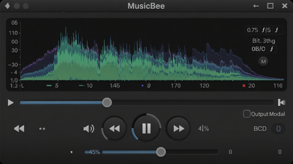 һ�� MusicBee ����������������ʱ�Ľ�����д������۽��ڲ��ſ�����������ʲ�����ʾ������Ƶ�׿��ӻ�Ч�������Ž��������������ڻ��飬����Ϊ��ɫ���⣬�Ű���գ����Ϊרҵ��Ƶ������ͼ��ϸ�ڰ�����ʽ��ʶ����������ʾ�����ģʽѡ������������ɾ����޶���Ԫ��