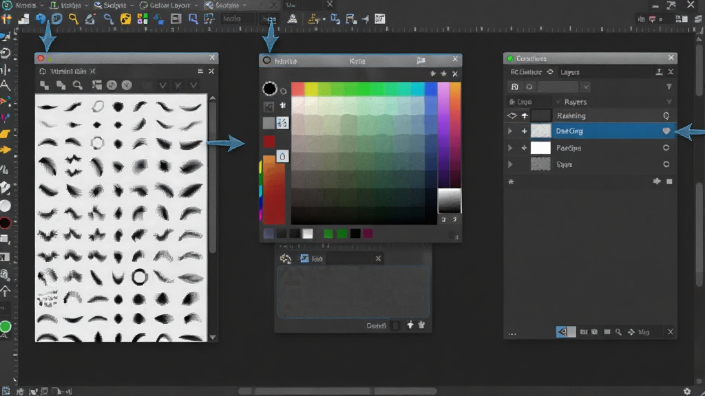 һ��չʾ Krita �����������Զ��岼�ֵ�ʾ��ͼ���������ж��������屻��ק����ͬλ�ã�������ˢ��塢��ɫ�̺�ͼ�������������Ϊ��ɫ���������Ϊ��������չʾ���ϸ�����������ʸ��壬�޶���Ԫ��