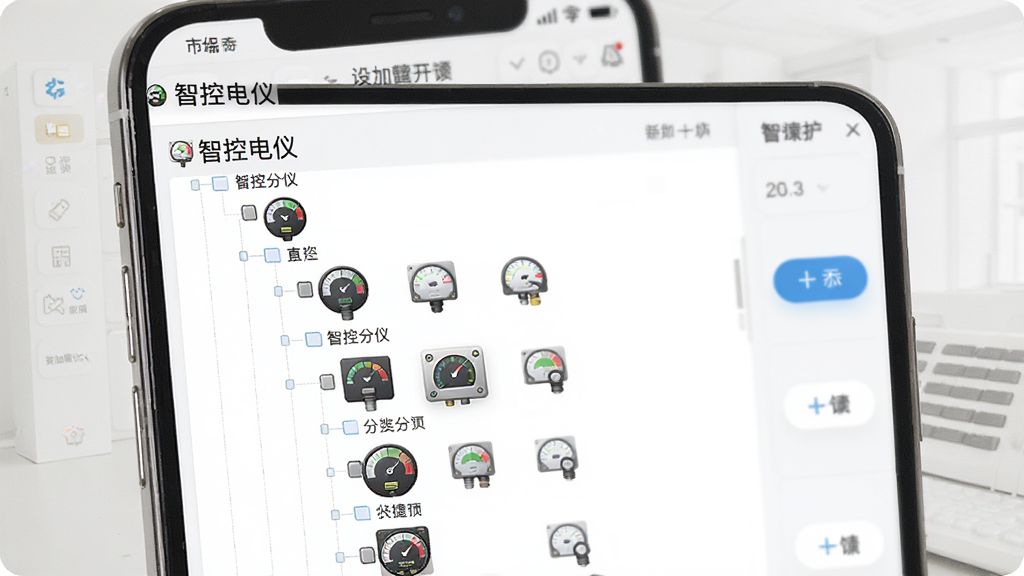 ����չʾ���ǿص��ǡ��豸�������棬�ֻ���Ļ��ʾ��״����ṹ��ÿ���������ж���Ǳ�ͼ�꣬�Ҳ������ӿ�ݰ�ť������Ϊǳɫ������ϸ�����������ʸɾ����޶���Ԫ��
