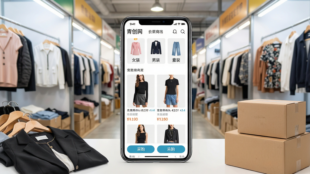 一幅展示手机端服装批发采购应用界面的场景图,画面中央是一部竖屏智能手机,手机屏幕中显示名为