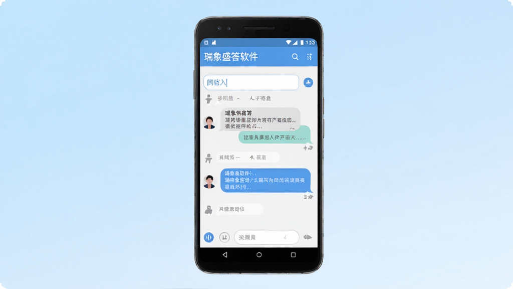 一张展示瑞象盛答软件界面的手机预览图,画面中央放置一部安卓手机,手机屏幕上显示瑞象盛答的问答对话界面,界面中有输入框和回答气泡,背景为简洁的浅蓝色渐变,风格为现代科技感扁平化设计,细节包括清晰的图标和文字排版,画质干净清晰,无多余元素
