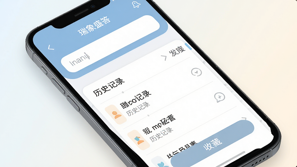 一张展示瑞象盛答简洁易用界面的示意图,画面中一部手机展示软件主界面,界面有清晰的输入框、历史记录列表和收藏按钮,布局整洁有序,背景为浅色渐变,风格为现代扁平化UI设计,细节包括圆角按钮与柔和配色,画质清晰,干净无多余元素