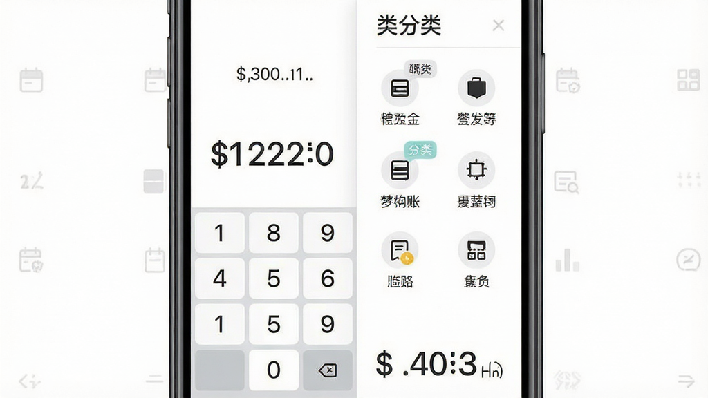 一张展示简易记账快速记账流程的图片,画面主体是一部手机,屏幕上显示金额输入键盘和分类选择面板,布局为手机居中放置,排版采用左右分栏左侧为数字键盘右侧为分类图标网格,风格为清爽简约的移动端界面设计,细节包括分类图标带有小标签、金额数字大而醒目、背景为纯白色,画质清晰干净无多余元素