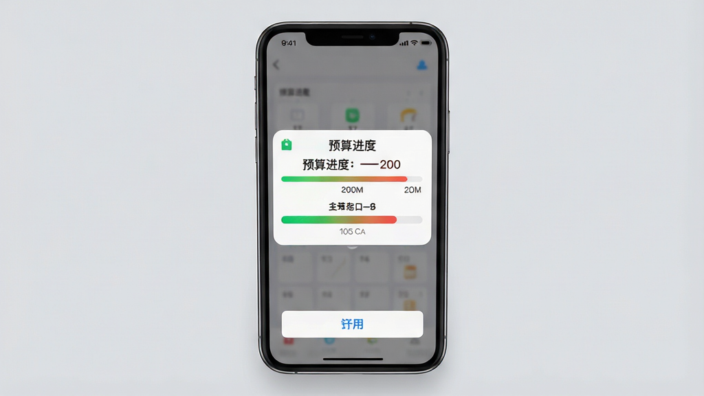 一张展示简易记账预算提醒功能的图片,画面主体是手机弹出通知提醒界面,布局为手机居中屏幕显示预算进度条和提醒文字,排版采用顶部标题中部进度条底部操作按钮的结构,风格为轻量级移动应用设计,细节包括进度条颜色由绿变红、提醒文字加粗显示、背景为柔和灰色,画质清晰干净无多余元素