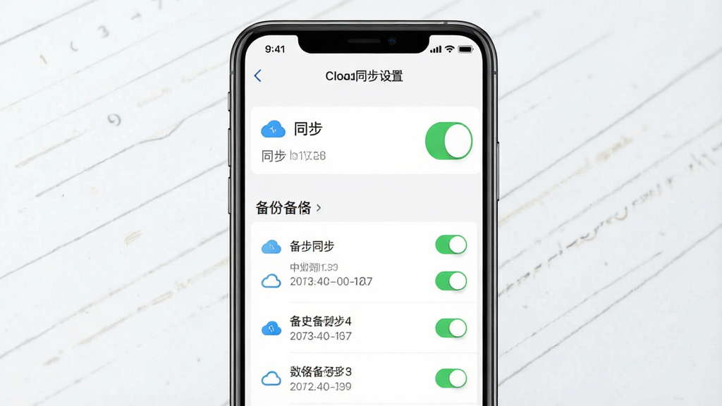 一张展示简易记账数据备份与同步功能的图片,画面中央是手机屏幕显示云同步设置页面,布局为手机正视图屏幕内显示开关按钮和备份记录列表,排版采用上下结构上方为同步开关下方为历史备份条目,风格为简洁工具类应用界面,细节包括云朵图标、绿色开关状态、时间戳文字,画质高清干净无多余元素