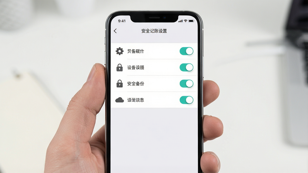 一张展示简易记账设置页面的图片,画面主体是手机屏幕显示安全与备份设置选项,布局为手机居中屏幕内纵向排列多个设置条目,排版采用列表式布局每项带图标和开关,风格为干净的工具类应用界面,细节包括齿轮图标、锁形图标、云朵图标、浅色背景,画质高清干净无多余元素
