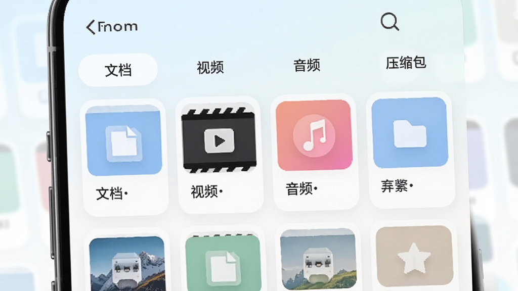 盘启软件资源分类浏览界面,手机屏幕显示多个分类标签如“文档”“视频”“音频”“压缩包”,下方展示对应类别的资源卡片,每张卡片有缩略图和标题,整体配色柔和,排版整齐,风格清新,画质干净无多余元素