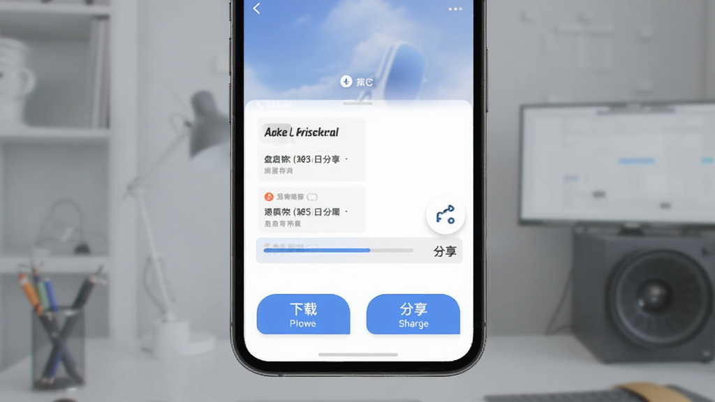 盘启软件下载与分享功能界面,手机屏幕显示一个资源详情页,底部有“下载”和“分享”按钮,下载进度条正在加载,旁边有分享图标,背景简洁,风格现代,画质干净
