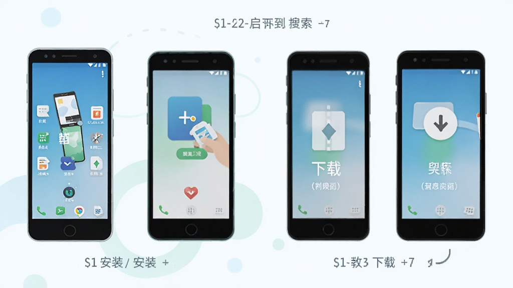 盘启软件在安卓手机上的使用教程示意图,画面展示手机屏幕从安装到搜索到下载的四个步骤,每个步骤配有简洁图标和文字说明,整体风格扁平化,配色清新,画质干净