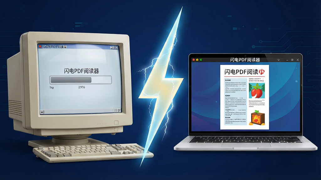 һ��չʾ������PDF�Ķ����������ٶȵĶԱ�ʾ��ͼ�����������һ̨��ʽ������Ļ����ʾ���ػ����Ļ�ɫ�������������Ҳ���һ̨�ִ��ᱡ�ʼǱ���Ļ�ϡ�����PDF�Ķ������Ѿ�������ʾ��һ�ݲ�ɫPDF�ĵ����м���һ��������״�Ĺ�Ч������������Ϊ�Ա������ĿƼ��廭�磬�������ҶԳƣ�ϸ���Ͻ��������ĵ����������ɼ������ʸ��壬����ɾ����޶���Ԫ��