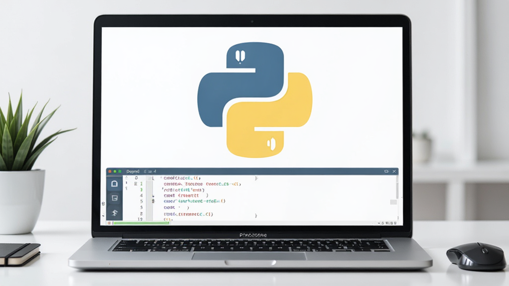 Python��������ٷ�����չʾͼ������Ϊһ̨�򿪵ıʼǱ�������Ļ����Ļ������ʾPython��־�Ե���ɫ���ɫ����Logo����Ļ�·�չʾ���Ĵ���༭���ڣ����ֲ��þ��й�ͼ���Ű������������Ϊ�ִ��Ƽ��б�ƽ����ƣ�ϸ�ڰ������̡���ꡢ������ֲ��׺�����ʸ��壬�ɾ����޶���Ԫ��