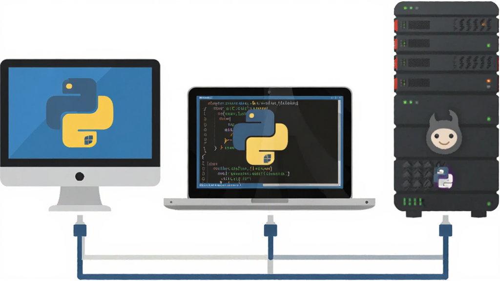 Python��ƽ̨����ʾ��ͼ������Ϊ�������ŵ��豸ͼ�꣬�ֱ�ΪWindows���ԡ�ƻ��MacBook��Linux��������ÿ���豸��Ļ�϶���ʾ��ͬ��Python�������н��������Ϊ�������У����Ϊ��ƽ��ͼ����ƣ�ϸ�ڰ����豸�߿�ϵͳLogo�������ߣ����ʸ��壬�ɾ����޶���Ԫ��