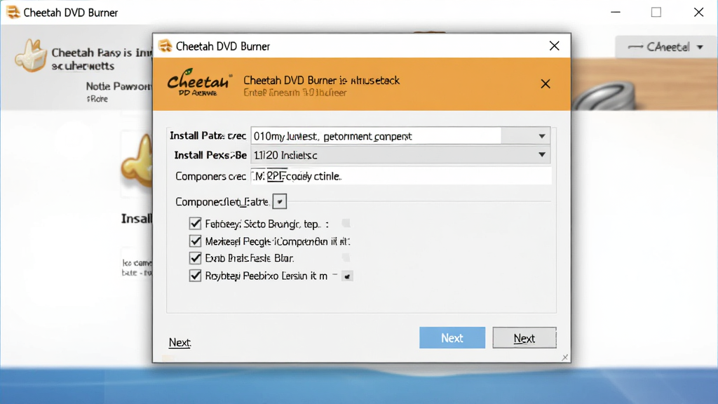 һ��չʾ Cheetah DVD Burner ��װ��ʹ��ע�������ͼƬ������Ϊ������Ļ�ϵ�������װ�򵼽��棬����Ϊ���жԻ����Ű����������Ϊ������ͼ���ϸ�ڰ�����װ·��ѡ�������ѡ����һ����ť�����ʸ���ɾ��޶���Ԫ��
