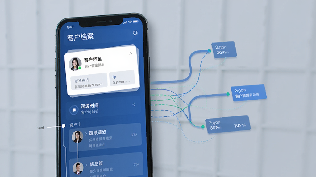 ������CRM�ͻ��������ܽ��棬����չʾ�ֻ���Ļ�ڿͻ�������Ƭ�����ʱ���ᣬ�Ա�����������������ʾ��Ϣ��ת��������ɫ������ƽ����Ʒ��ϸ�����������ʸɾ����޶���Ԫ��